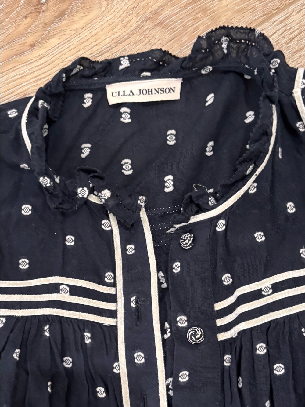 Ulla Johnson Navy Cotton Blouse with White Embroidered Motifs